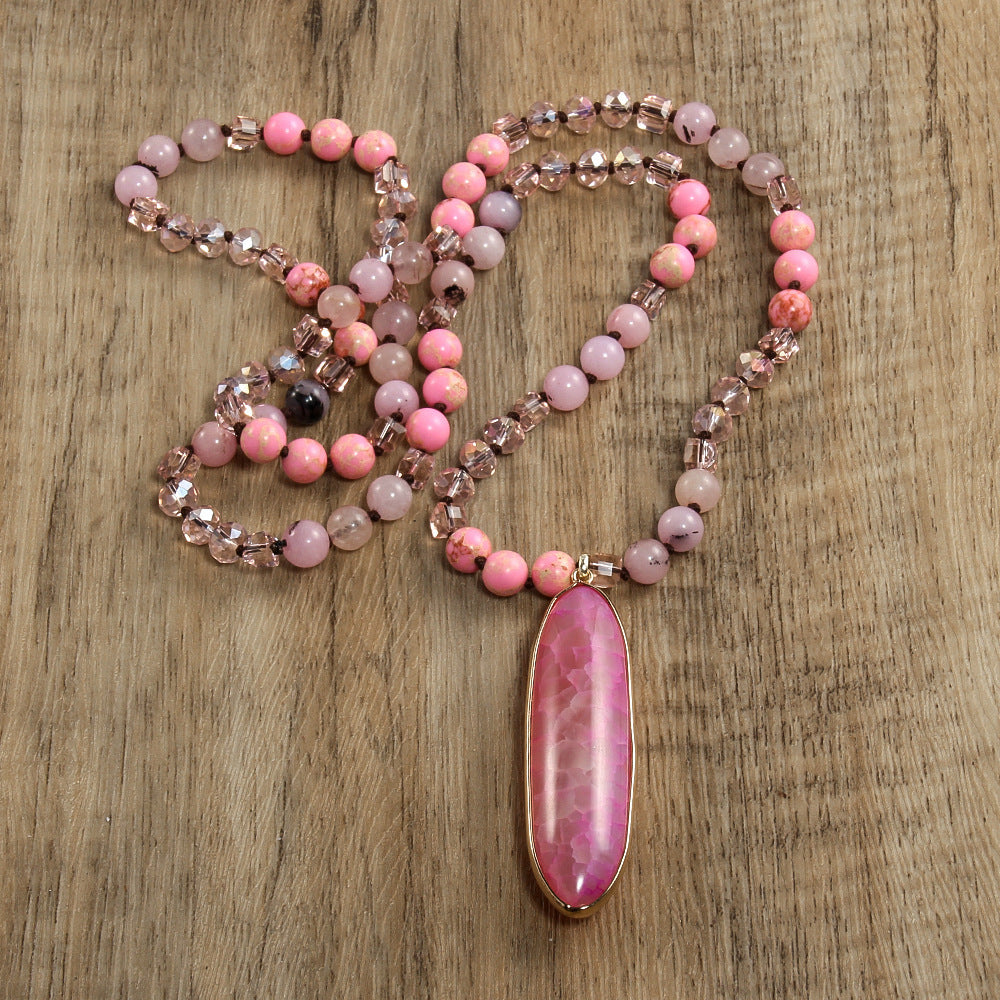 Natural Stone Glass Knotted Necklace Oval Agate Pendant Necklace Sweater Chain