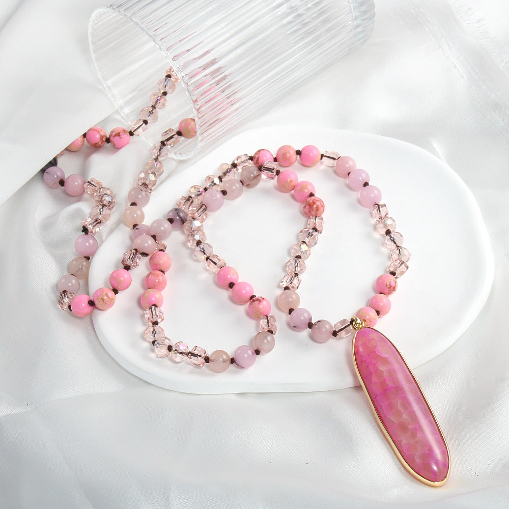 Natural Stone Glass Knotted Necklace Oval Agate Pendant Necklace Sweater Chain