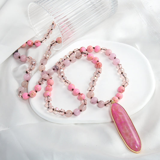 Natural Stone Glass Knotted Necklace Oval Agate Pendant Necklace Sweater Chain