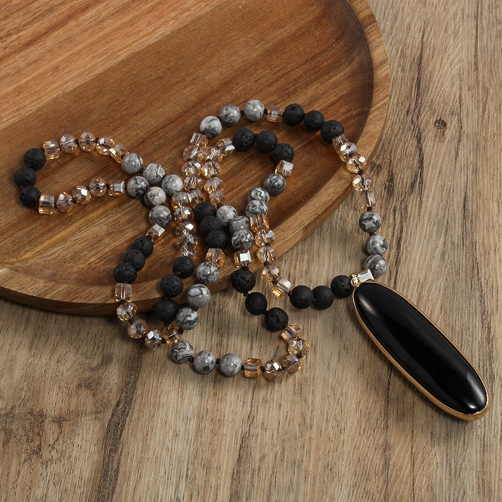 Natural Stone Glass Knotted Necklace Oval Agate Pendant Necklace Sweater Chain