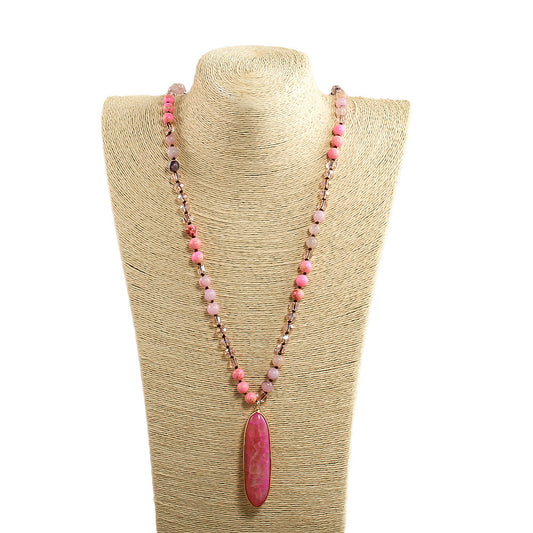 Natural Stone Glass Knotted Necklace Oval Agate Pendant Necklace Sweater Chain